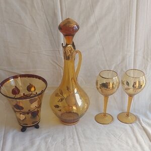 Amber Glass Decanter Set with Leaf Design